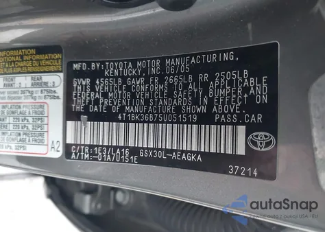 2005 Toyota Avalon Xls from USA, damaged, VIN 4T1BK36B75U051519
